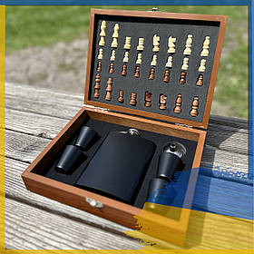 Подарунковий набір шахи та фляга 4 чарки 9oz, подарунок чоловікові з неіржавкої сталі фляга та чарки 265 мл (61136)