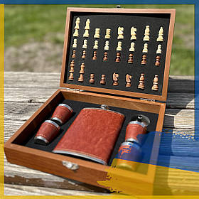 Подарунковий набір шахи та фляга 4 чарки 9oz, подарунок чоловікові з неіржавкої сталі фляга та чарки 270 мл (61137)