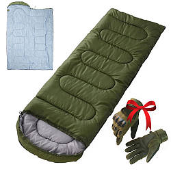 Спальний мішок-ковдра з капюшоном 210×75см, Олива + Подарунок Тактичні рукавички із закритими пальцями