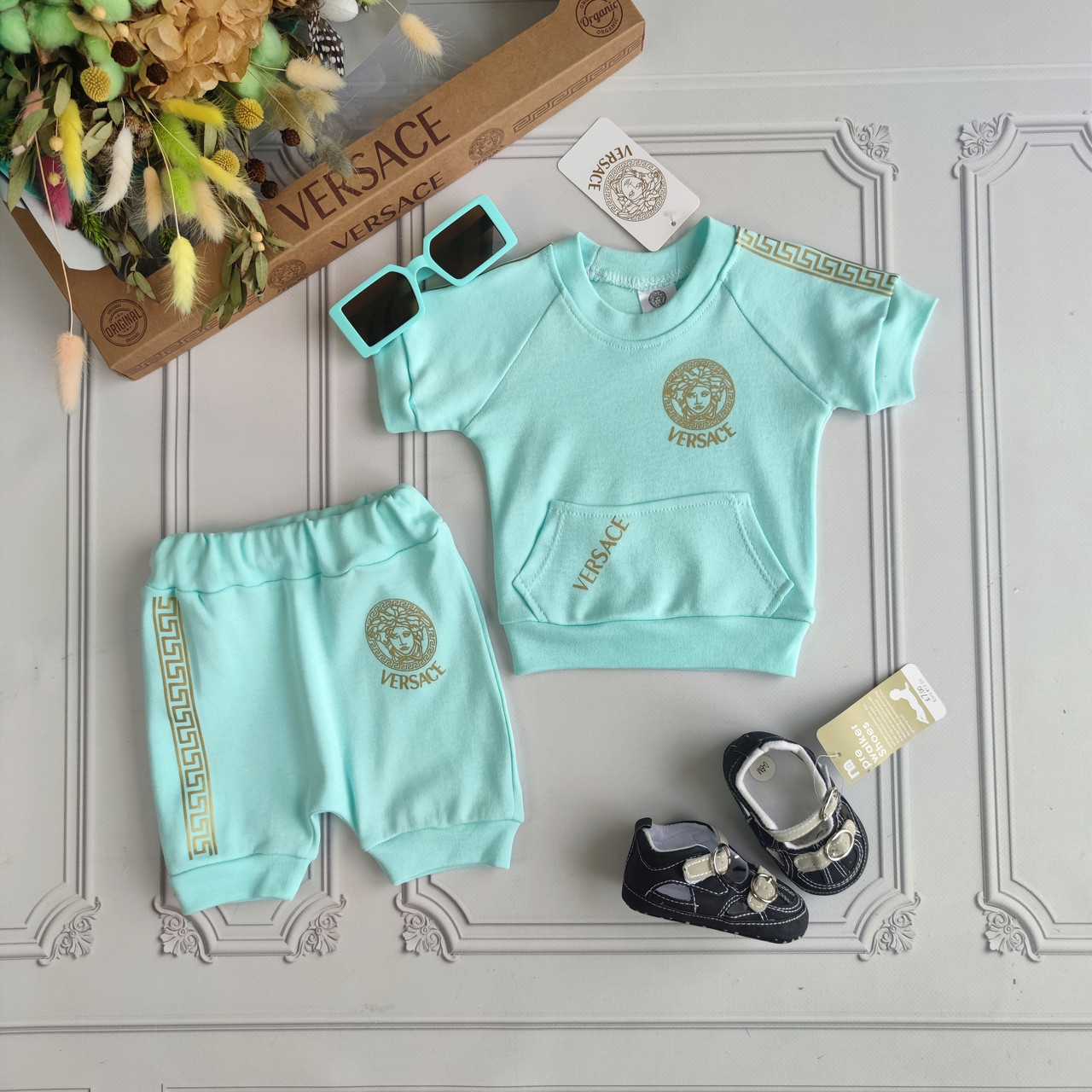 Дитячий м'ятний літній костюм з шортами для новонароджених Versace
