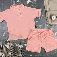 Муслиновый летний костюм muslin cotton BEWARM детский шорты + футболка Pink