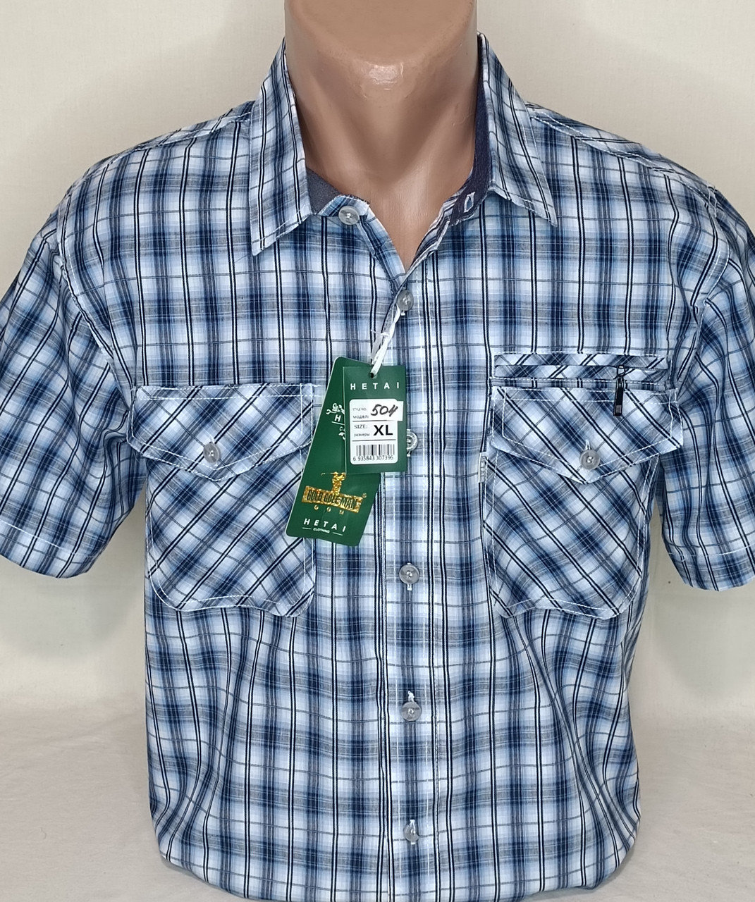 Бавовняна чоловіча теніска Hetai vk-0504 класична синя в клітку, стильна чоловіча сорочка 100% бавовна