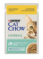 Упаковка влажного корма Purina Cat Chow Hairball для кошек с курицей и зеленой фасолью (кусочки в желе) 85 г x