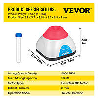 VEVOR KW-3000-1F Vortex Color Mixer 3000 RPM, Лабораторный мини-вихревой шейкер-мешалка 50 мл, Вибрационный
