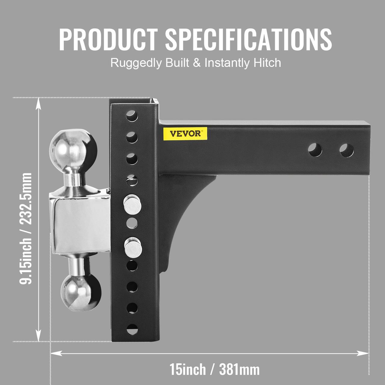 VEVOR Регулируемая буксирная балка 8 дюймов по высоте и шарнирному креплению 2,5 дюйма Ресивер Твердая труба - фото 7 - id-p1845879418