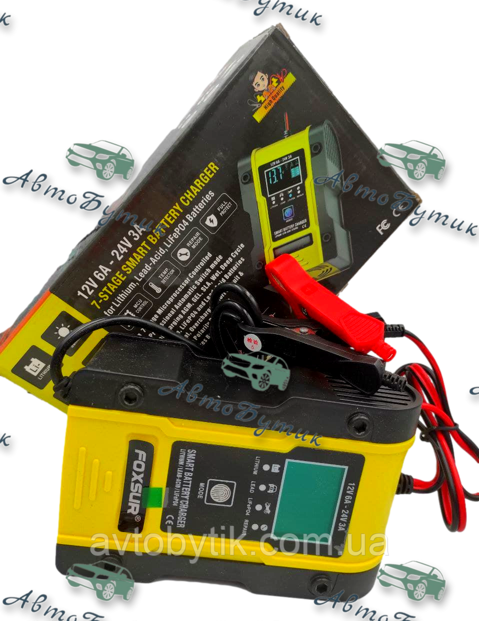 Імпульсне автоматичне автомобільний зарядний пристрій Foxsur 12V/6A 24V/3A