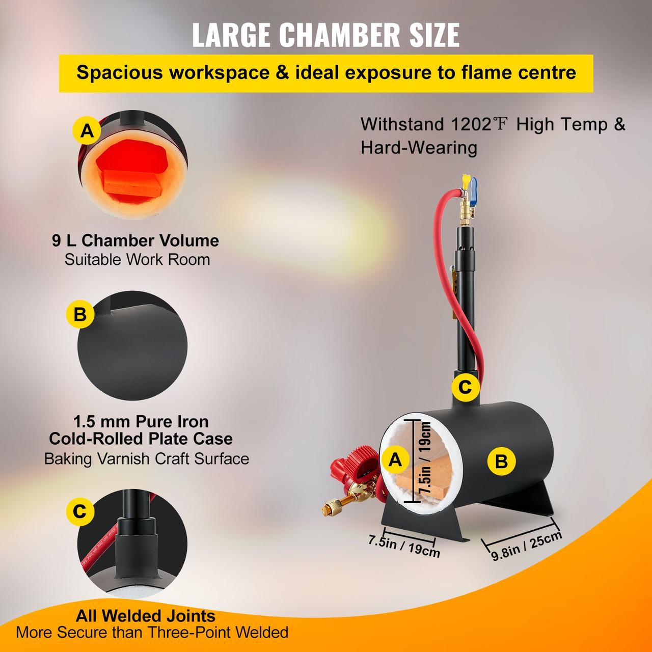 VEVOR Газовая кузнечная печь 1350 ° C, Горелка 9 л, Горн с одной горелкой, Футеровка из алюмосиликатного - фото 4 - id-p1845893929