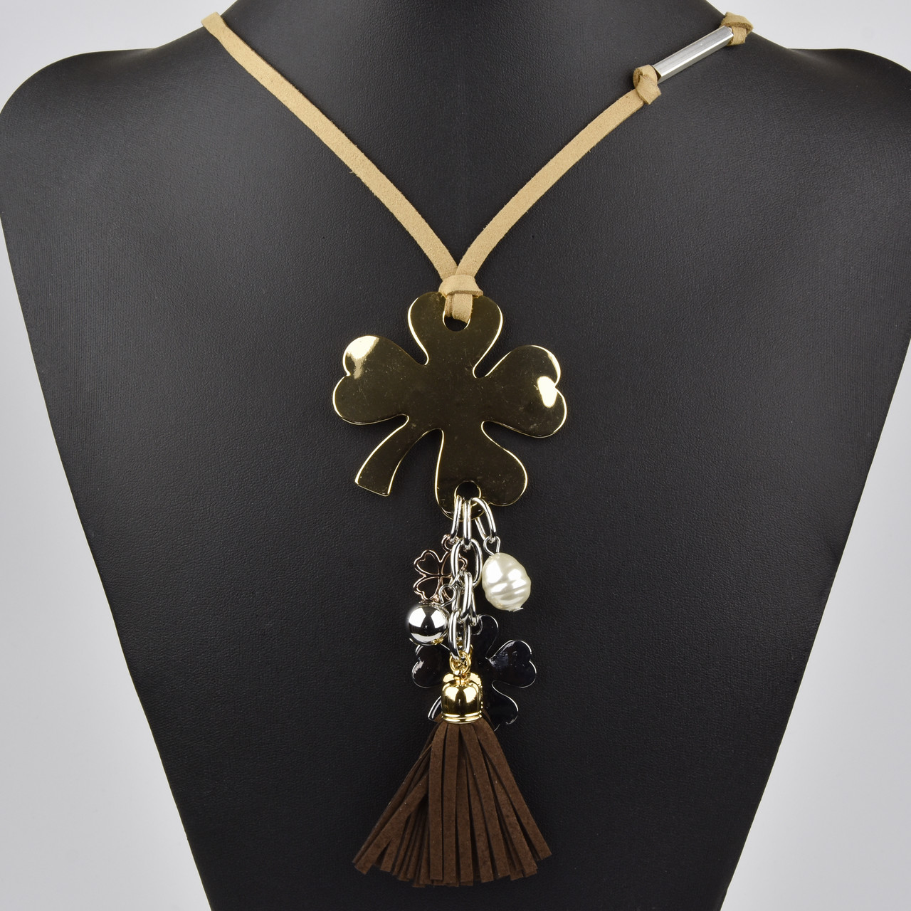 Підвіска довга конюшина золото та срібло з перлинкою на подвійному замшевому шнурку довжина шнурка 70 см