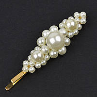 Невидимка для волосся рівна металева золотистого кольору з білими перлинами квіточки довжина 7 см 2 штуки