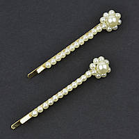 Невидимки для волосся рівні металеві золотистого кольору з квіточками, довжина 7 см, 2 штуки