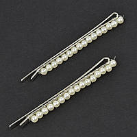 Невидимки для волосся рівні металеві сріблястого кольору з маленькими перлинками довжина 7 см 2 штуки
