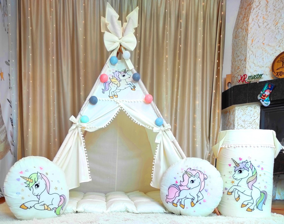 Намет дитячий Вігвам для дітей курінь для ігор Кольорові єдинороги на молочному + кошик . Повний комплект!, фото 1