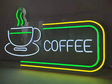 Вивіска Coffee чашка неонова led neon різнобарвна 600х370 мм із пультом