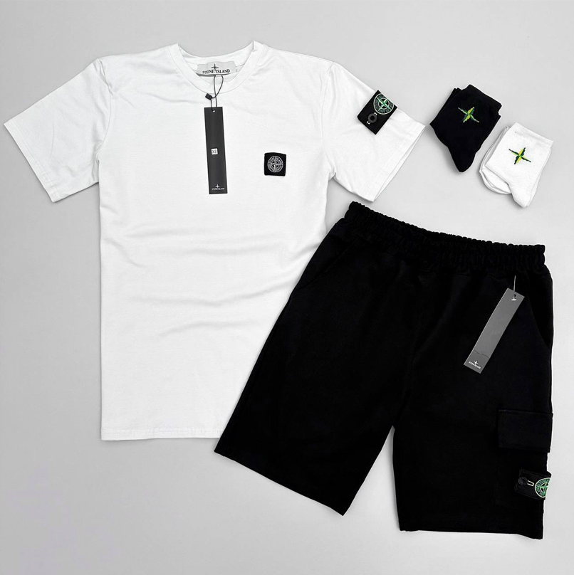 Літній костюм Stone Island футболка шорти комплект Стон Айленд чорний білий набор спортивний чоловічий жіночій підлітковий літо