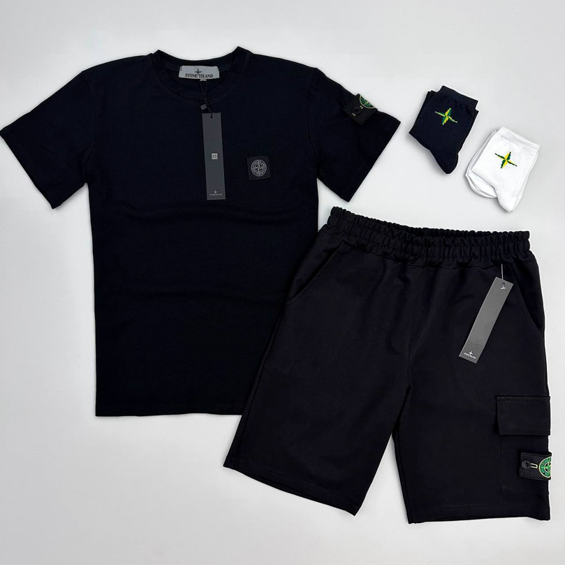 Літній костюм Stone Island футболка шорти комплект Стон Айленд чорний білий набор спортивний чоловічий жіночій підлітковий літо