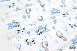 Бязь "Лисички на літаках та ведмедики з повітряними кулями" сіро-блакитних кольорів на білому тлі № 3083, фото 2