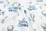 Бязь "Лисички на літаках та ведмедики з повітряними кулями" сіро-блакитних кольорів на білому тлі № 3083, фото 3