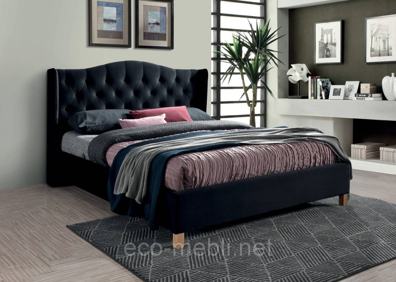 Ліжко двухспальне з мякою оббивкою у спальню Aspen velvet 160x200 чорний Signal