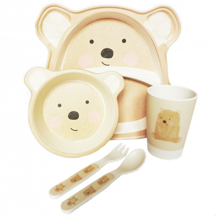 Посуд дитячий бамбук Ведмедик (2 тарілки, виделка, ложка, склянка) MH-2774-5