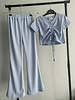 Детский костюм затяжка брюки кофта короткий рукав подростковый стильный летний для девочки голубой