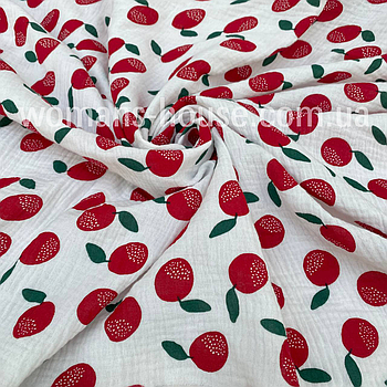 Тканина Муслін жатка двошаровий Яблуко червоне на білому