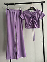Детский костюм затяжка брюки кофта короткий рукав подростковый стильный летний для девочки лаванда