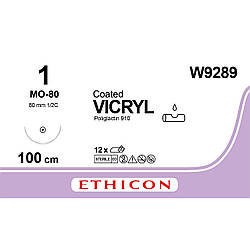 Вікрил (VICRYL) 1 колюча посилена голка 80 мм, 1/2 кола, довжина 100см, фіолетовий, 1шт.