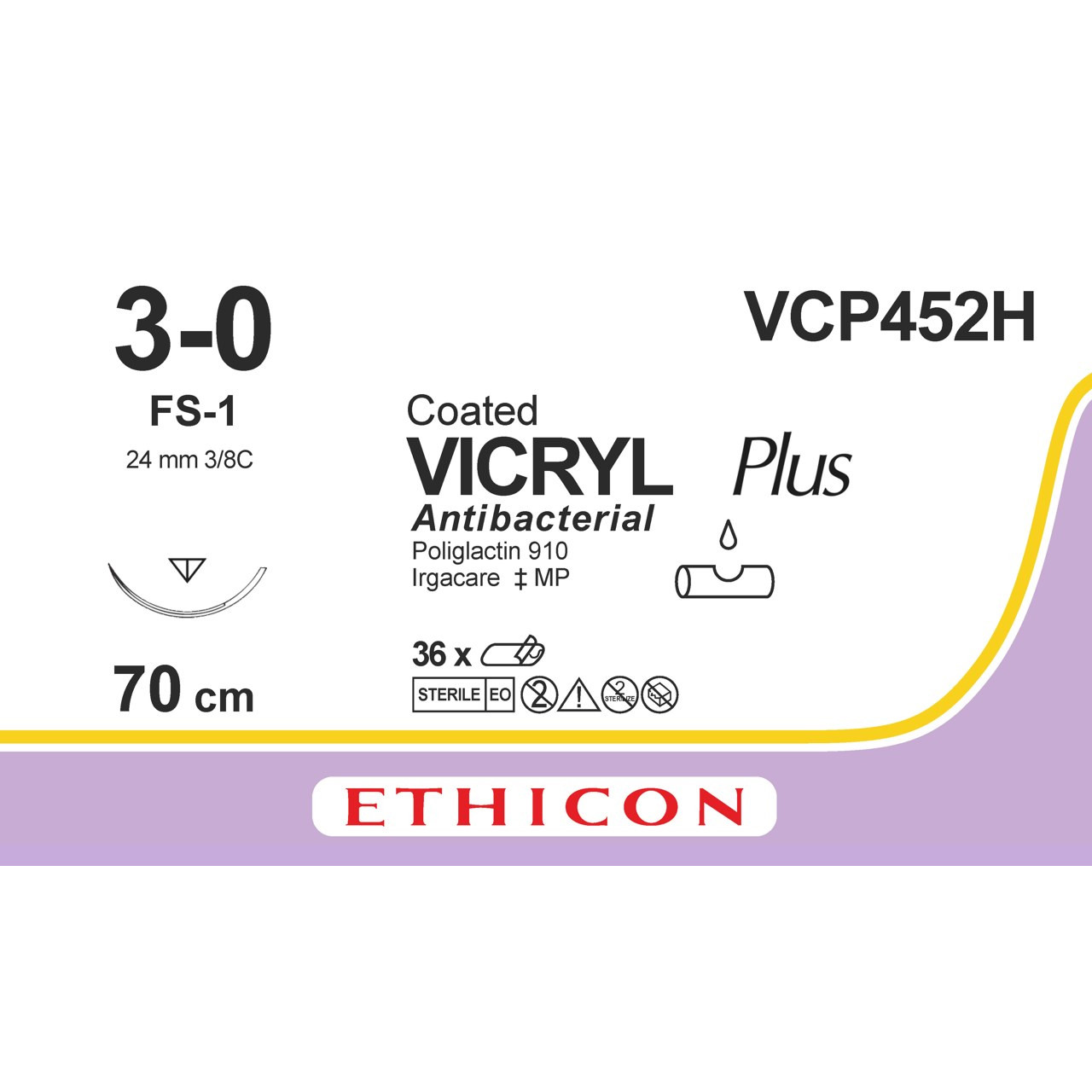 Вікрил Плюс (VICRYL Plus) Антибактеріальний 3-0, зворотньо-ріж. 24мм, 3/8 кола, фіолетовий, 70см, 1шт.