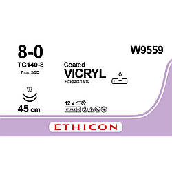 Вікрил (VICRYL) 8-0 шпательна 2*6.5мм Мікро-Поінт (Micro-Point), 3/8кола, фіолетовий 45см, 1шт.