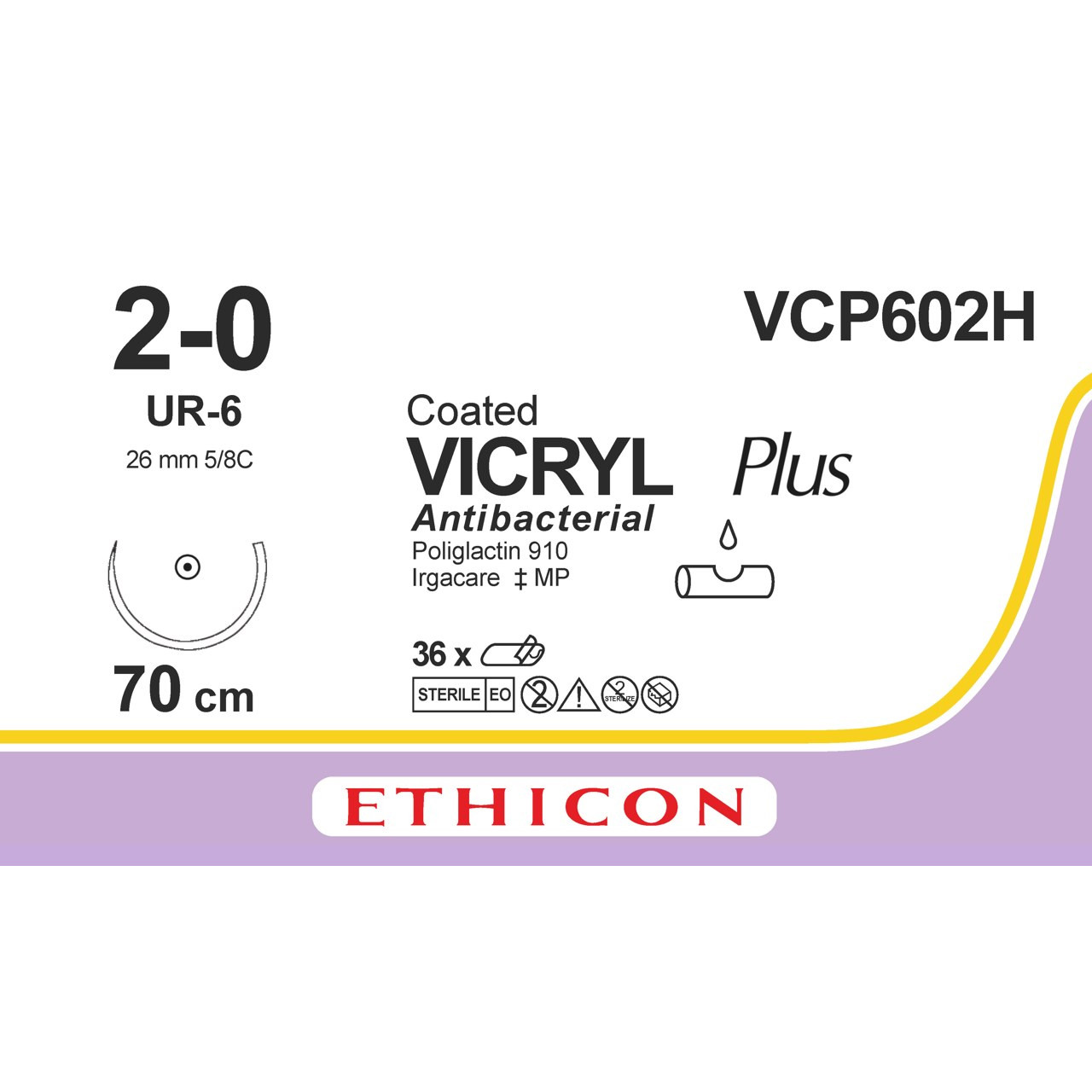 Вікрил Плюс (VICRYL Plus) Антибактеріальний 2-0, кол. плюс 36мм, 1/2 кола, фіолетовий, 70см, 1шт.
