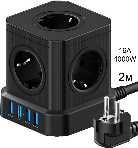 Універсальний настільний подовжувач мережі 2 метри MADORU на 5 розеток 16А і USB для заряджання, чорний AVADONA