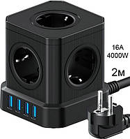 Універсальний настільний подовжувач мережі 2 метри MADORU на 5 розеток 16А і USB для заряджання, чорний AVADONA