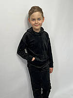 Размеры 110-140 Детский велюровый спортивный костюм Кенгуру Черный с капюшоном для мальчика для девочки