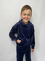 Размеры 110-140 Детский велюровый спортивный костюм Кенгуру Синийс капюшоном для мальчика для девочки
