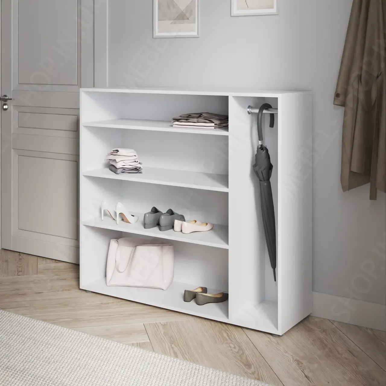 Стелаж під взуття 120 см Зручна взуттєва полиця зі штангою для парасольок з Ламінованого ДСП у передпокій, фото 1