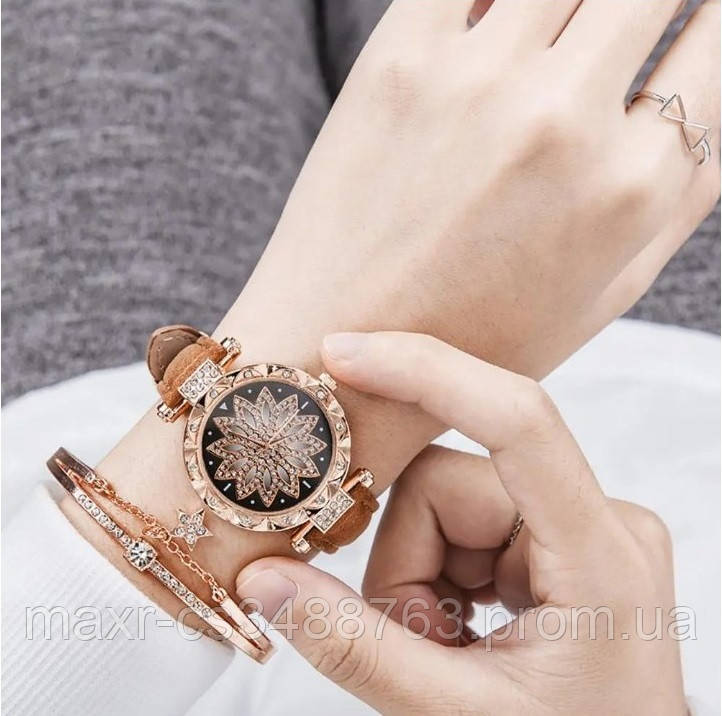 Жіночий годинник Gaiety з коричневим ремінцем з екошкіри + браслет.
