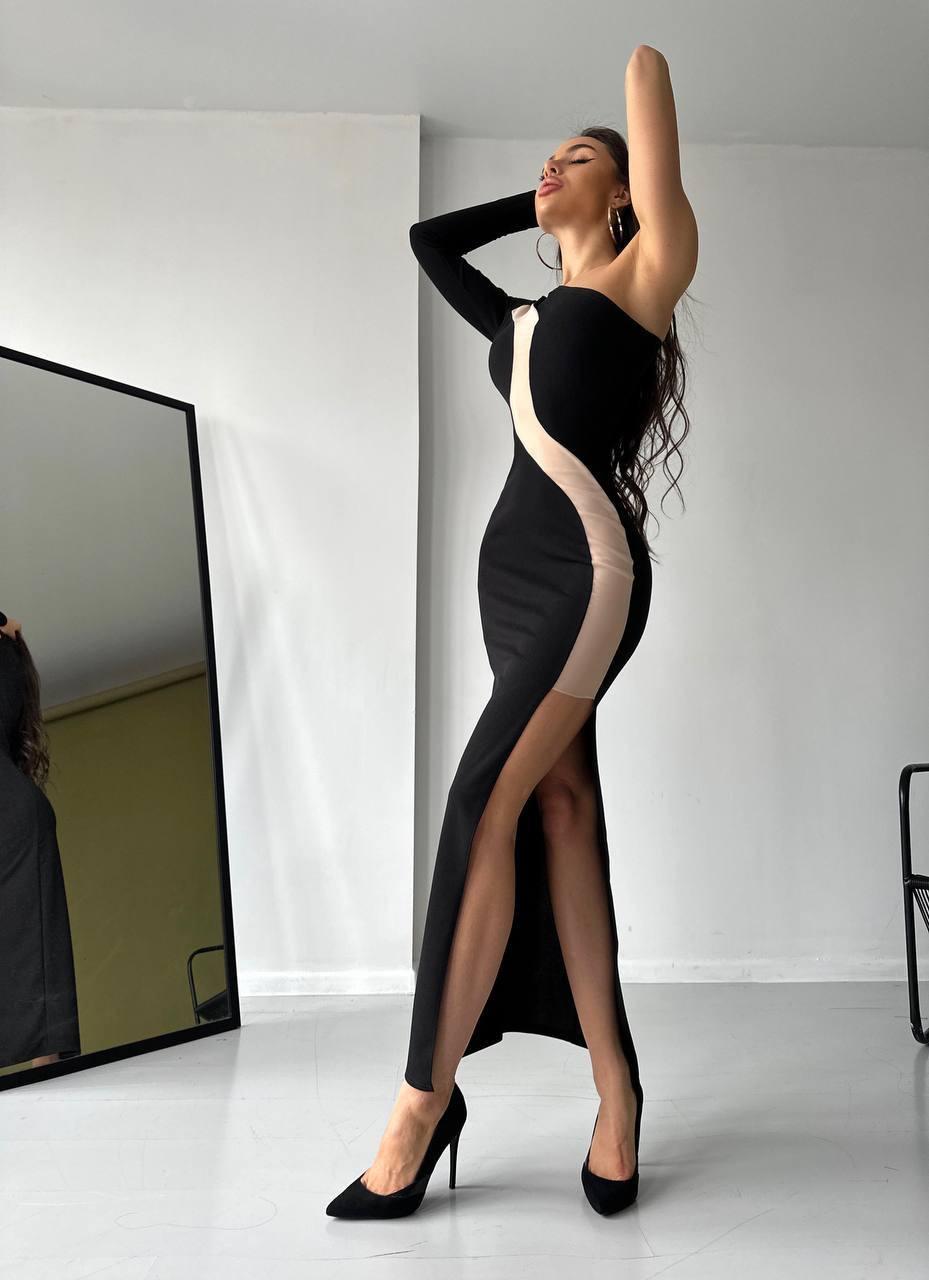 Вечірня облягаюча чорна сукня з розрізом та сіткою на одне плече, фото 1