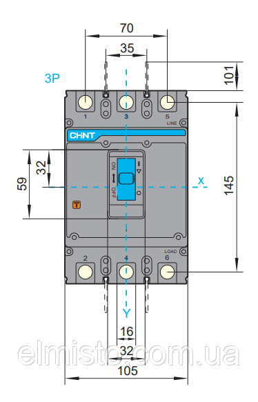 Габаритные размеры выключателя NXM-250S3Р 160A 35кА