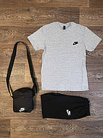 Летний комплект 3 в 1 футболка шорты и сумка Найк черного и серого цвета