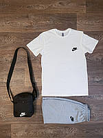 Летний комплект 3 в 1 футболка шорты и сумка Найк белого и серого цвета