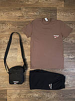 Летний комплект 3 в 1 футболка шорты и сумка Рибок коричневого и черного цвета