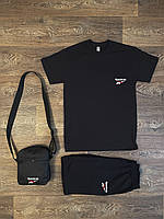 Летний комплект 3 в 1 футболка шорты и сумка Рибок черного цвета