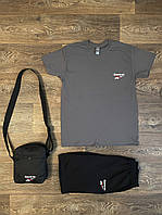 Летний комплект 3 в 1 футболка шорты и сумка Рибок серого и черного цвета