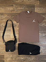 Летний комплект 3 в 1 футболка шорты и сумка Джордан черного и коричневого цвета