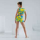 Дитячий костюм для пол денс для дівчинки синьо-жовтий топ з шортами патріотичний з біфлексу Олівія р. 26-44, фото 3