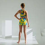 Дитячий костюм для пол денс для дівчинки синьо-жовтий топ з шортами патріотичний з біфлексу Олівія р. 26-44, фото 4