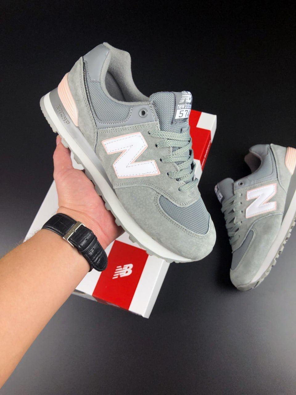 Жіночі кросівки замшеві New Balance 574 сірі модні бігові кросівки текстиль сітка