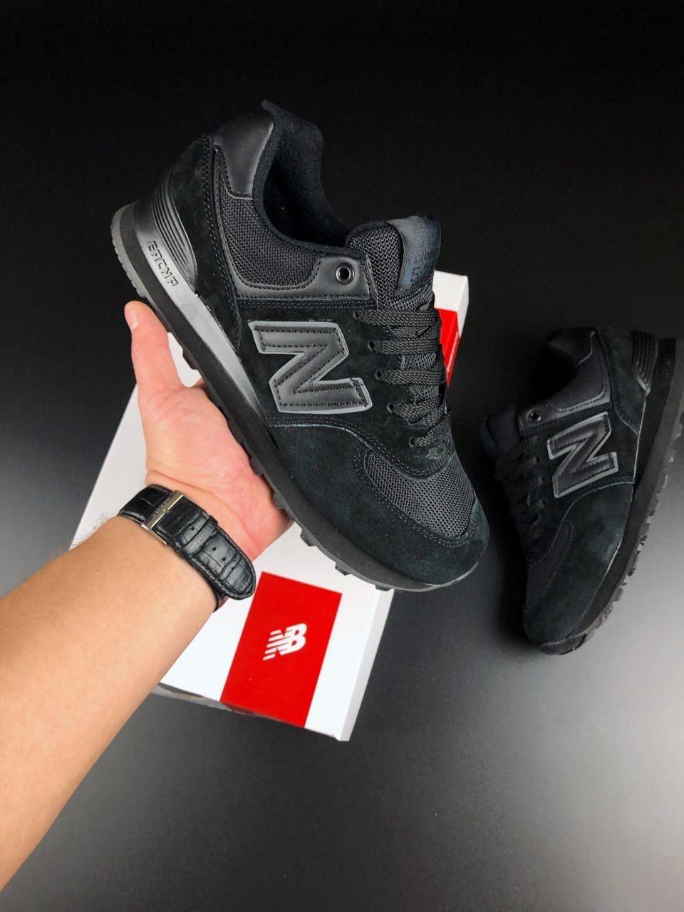Жіночі кросівки замшеві New Balance 574 чорні модні бігові кросівки Текстиль сітка