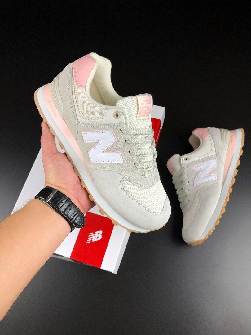 Жіночі кросівки New Balance 574 замшеві бежеві з рожевим Модні бігові кросівки Текстиль сітка