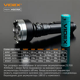 Суперпотужний LED Ліхтарик VIDEX VLF-A505C 5500Lm 5000K | Дальність 500м | USB-C Зарядка | Водонепроникний IP68